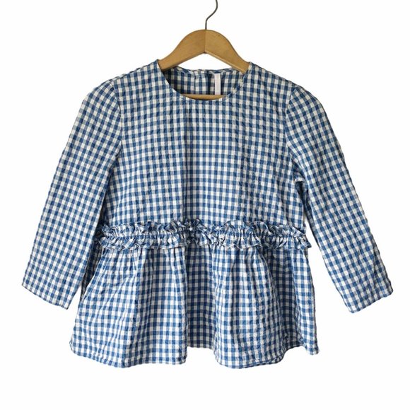 Zara Gingham White Blue Check Ruffle Top Crew Neck - Picture 2 of 9